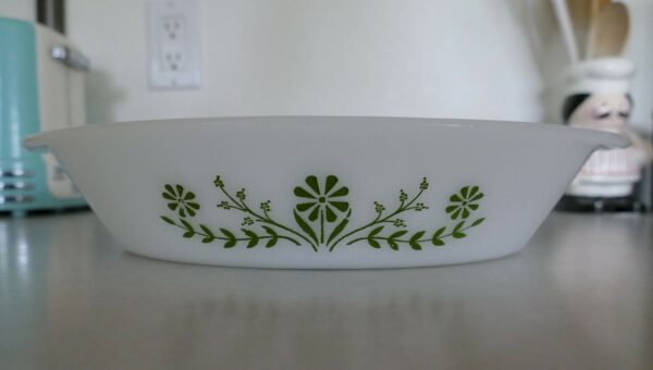 Vintage Glasbake Green Crazy Daisy Spring Blossom Divided Casserole Dish #J2352