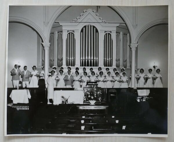 Nurse Graduating Ceremony in Church with Large Pipe Organ – Set of Two Vintage Photographs