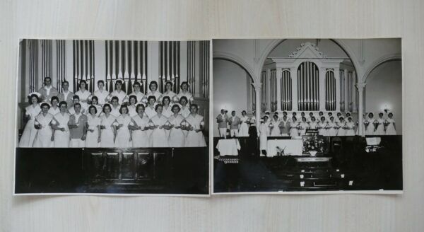 Nurse Graduating Ceremony in Church with Large Pipe Organ – Set of Two Vintage Photographs