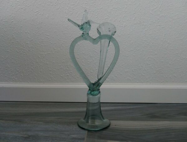 Vintage Heart & Hummingbird Green Glass Bud Vase