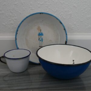 Set of Three Vintage Enamelware Pieces Bowls and Cup