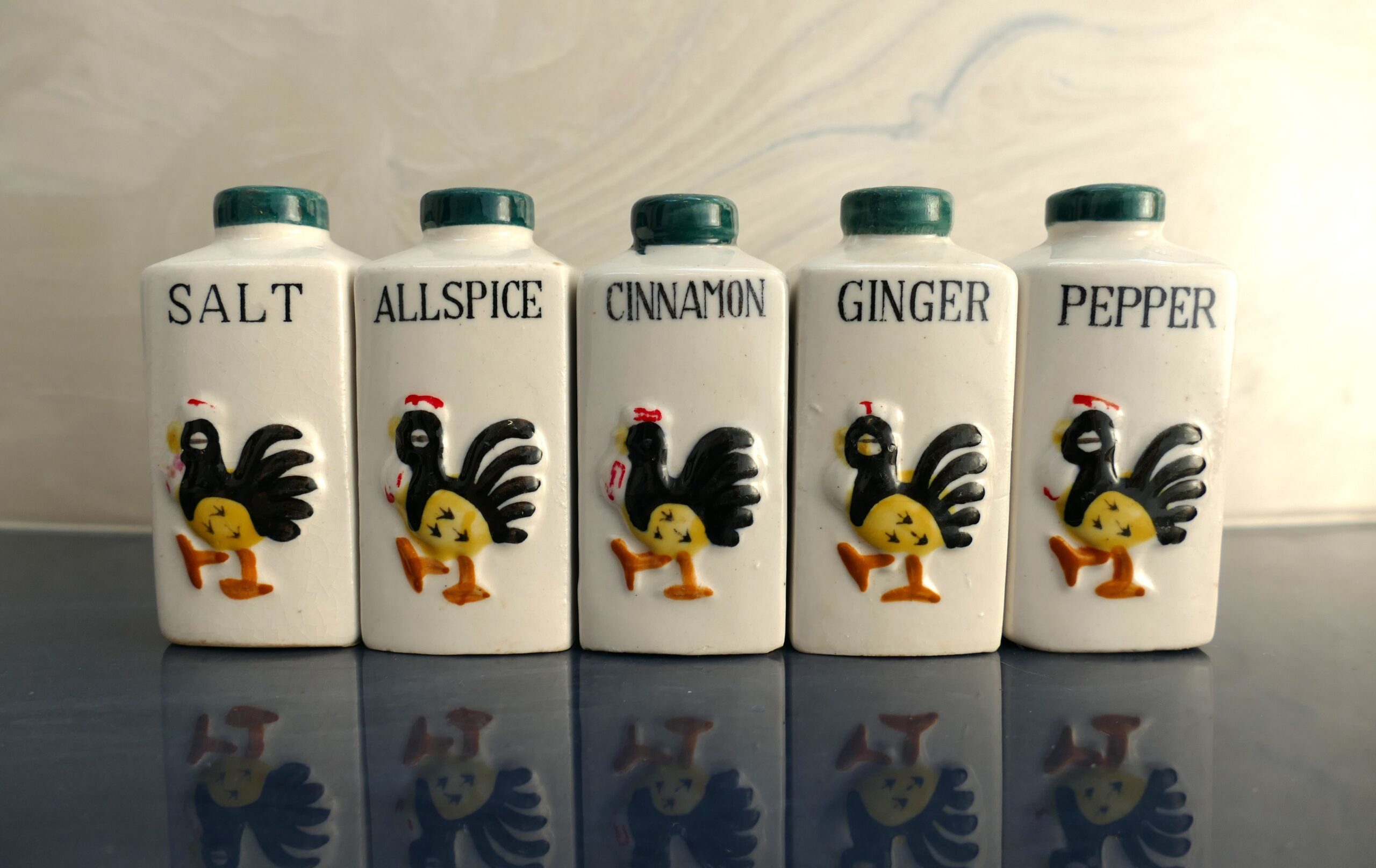 Set of 5 Hand-Painted Vintage Rooster Spice Shakers
